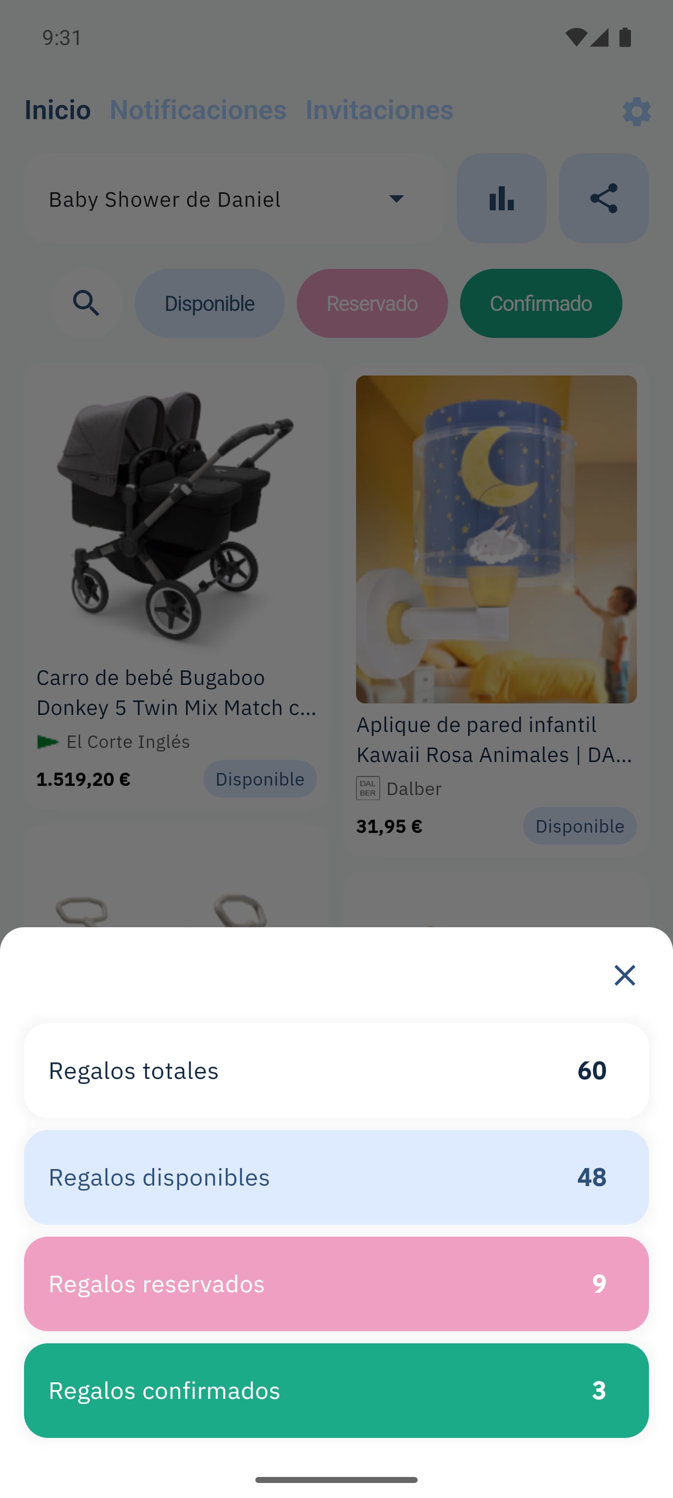 SmileBaby app - Estadísticas de regalos