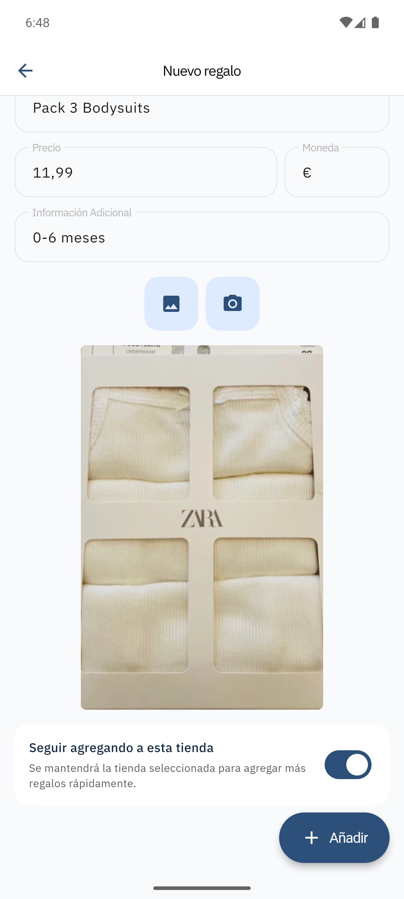 SmileBaby app - Continuar añadiendo regalos en tienda física