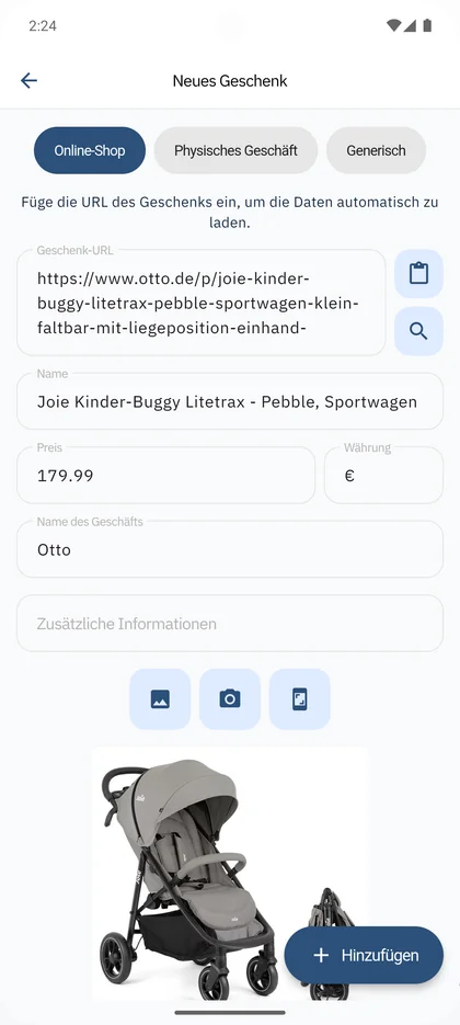 SmileBaby App - Geschenk mit Link hinzufügen