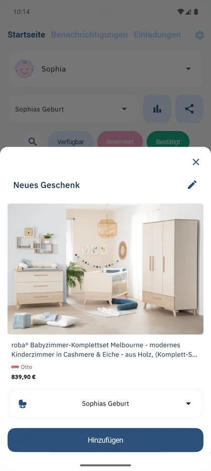 SmileBaby App - Geschenk durch Teilen des Links mit der App hinzufügen