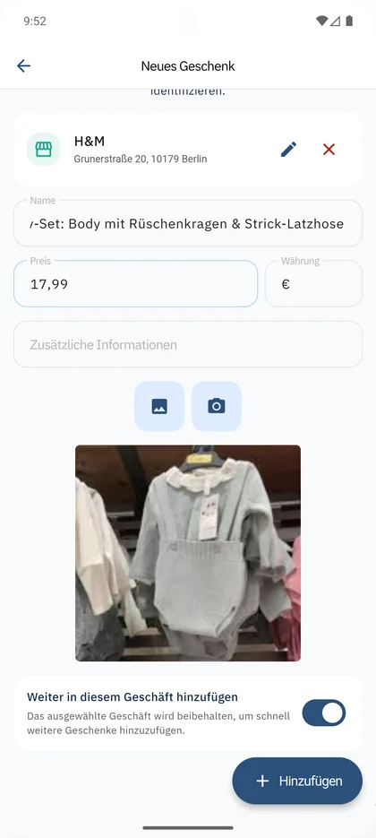 SmileBaby App - Weiterhin Geschenke im physischen Geschäft hinzufügen