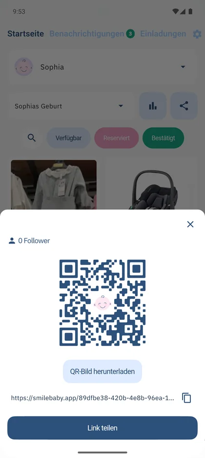 SmileBaby App - Liste mit QR oder Link teilen