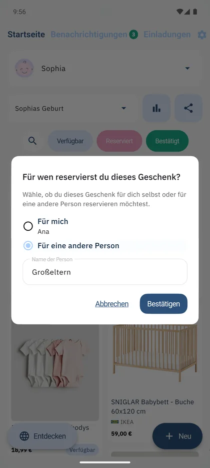 SmileBaby App - Geschenk im Namen eines Familienmitglieds reservieren
