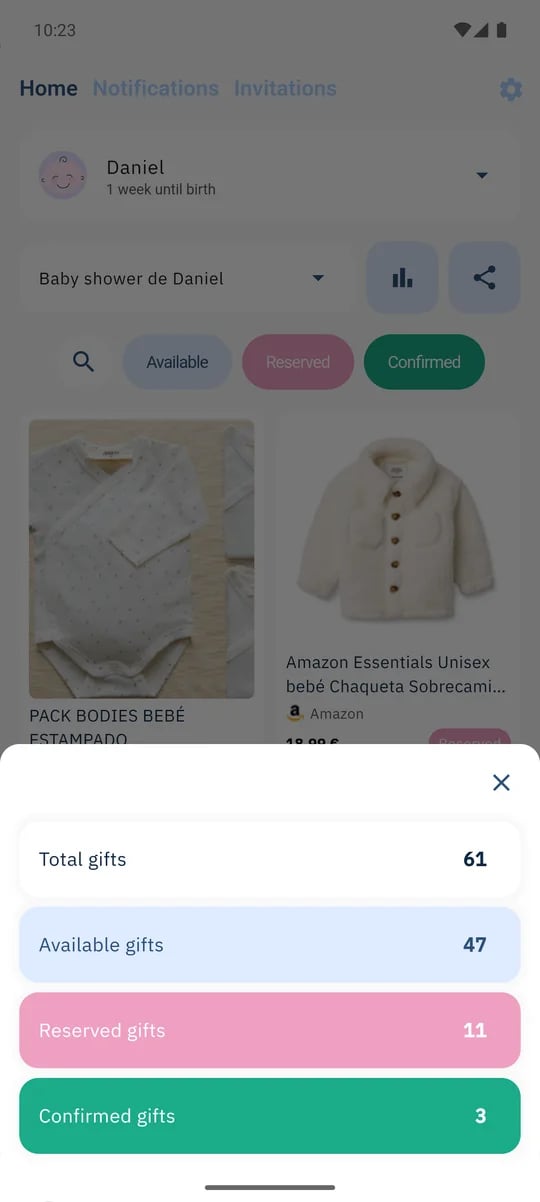 SmileBaby app - Estadísticas de regalos