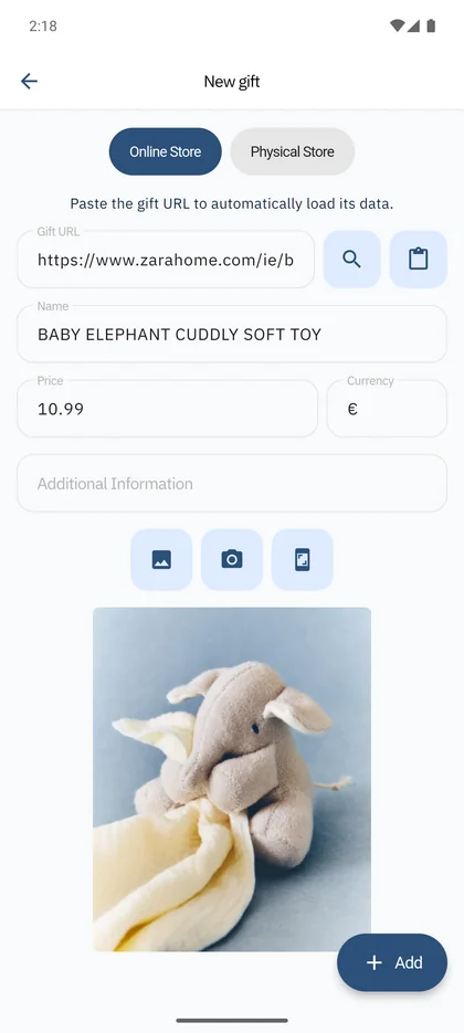 SmileBaby app - Add gift with link