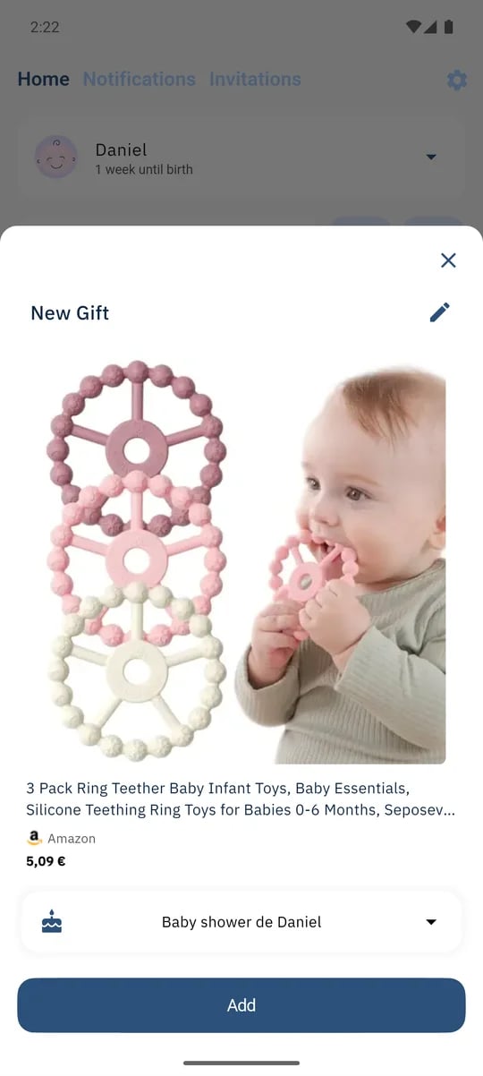 SmileBaby app - Añadir regalo compartiendo enlace con la aplicación