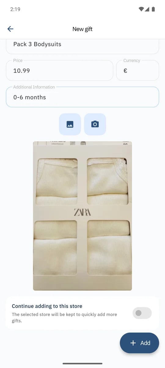 SmileBaby app - Continuar añadiendo regalos en tienda física