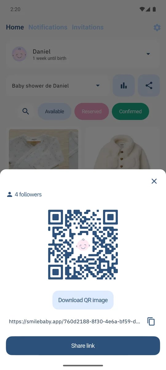 SmileBaby app - Compartir lista con QR o enlace