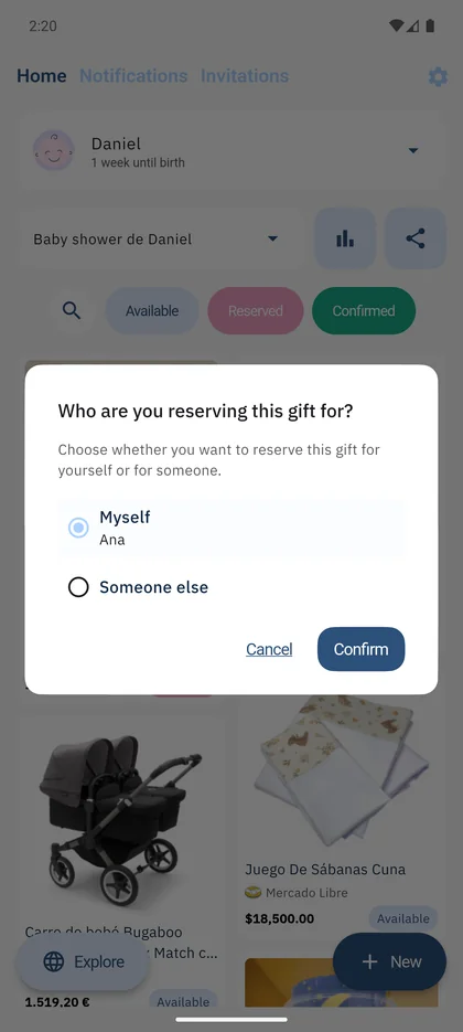 SmileBaby app - Reserve gift on behalf of a family member