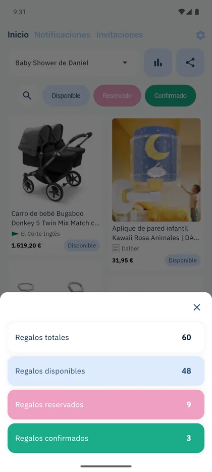 SmileBaby app - Estadísticas de regalos