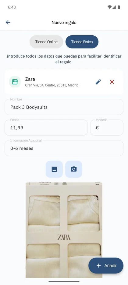 SmileBaby app - Añadir regalo en tienda física