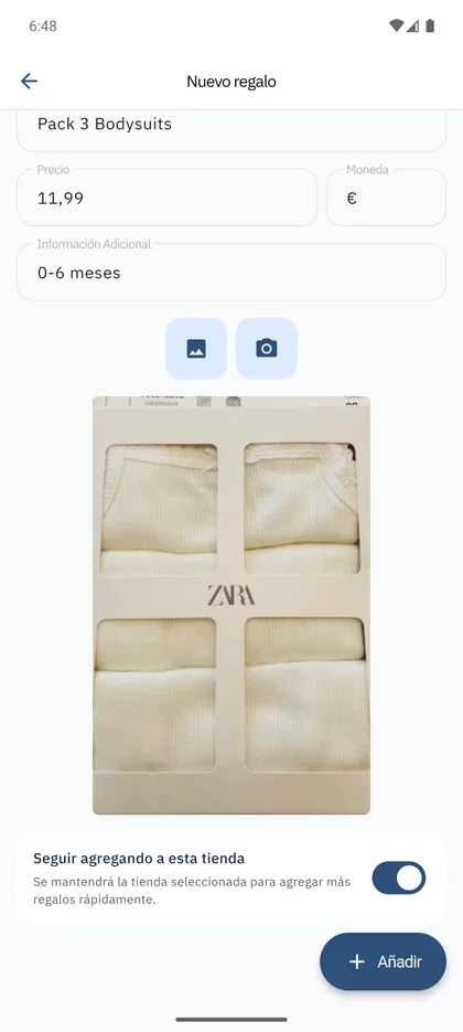SmileBaby app - Continuar añadiendo regalos en tienda física
