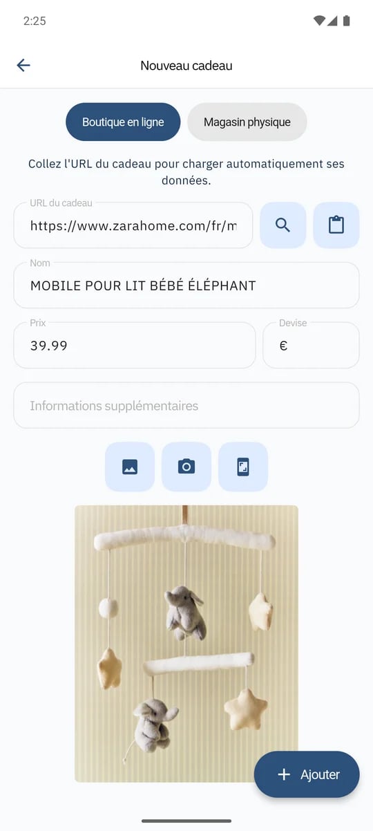 SmileBaby app - Añadir regalo con enlace