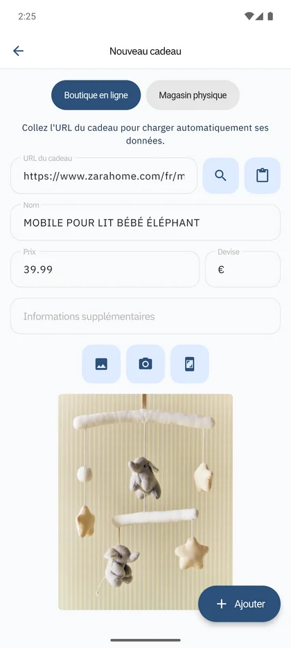 App SmileBaby - Ajouter un cadeau avec un lien