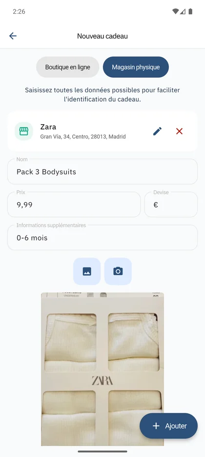 App SmileBaby - Ajouter un cadeau en magasin physique