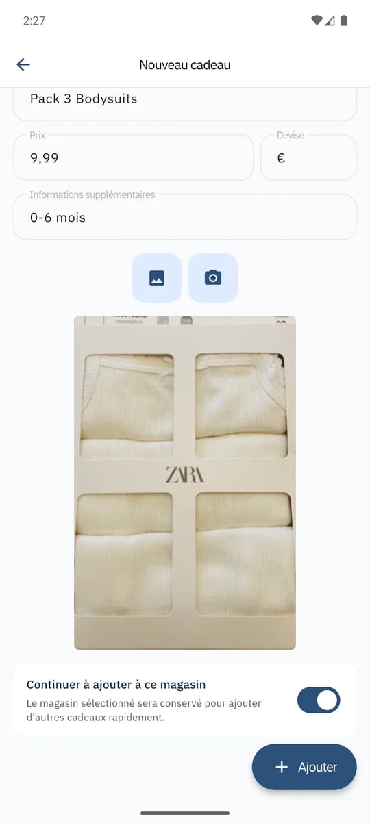 SmileBaby app - Continuar añadiendo regalos en tienda física