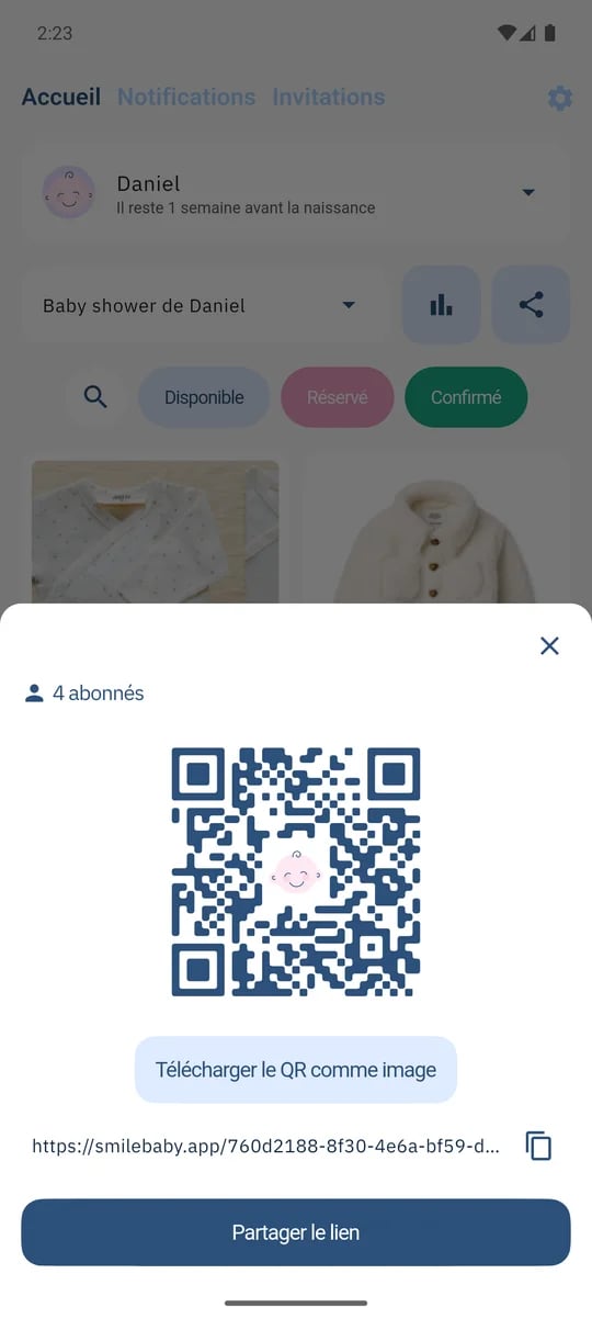 SmileBaby app - Compartir lista con QR o enlace