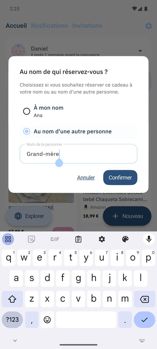 SmileBaby app - Reservar regalo a nombre de un familiar