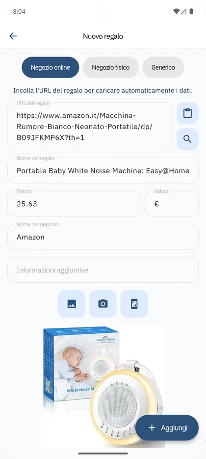 App SmileBaby - Aggiungi regalo con link