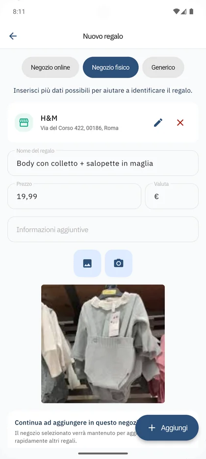 App SmileBaby - Aggiungi regalo in negozio fisico