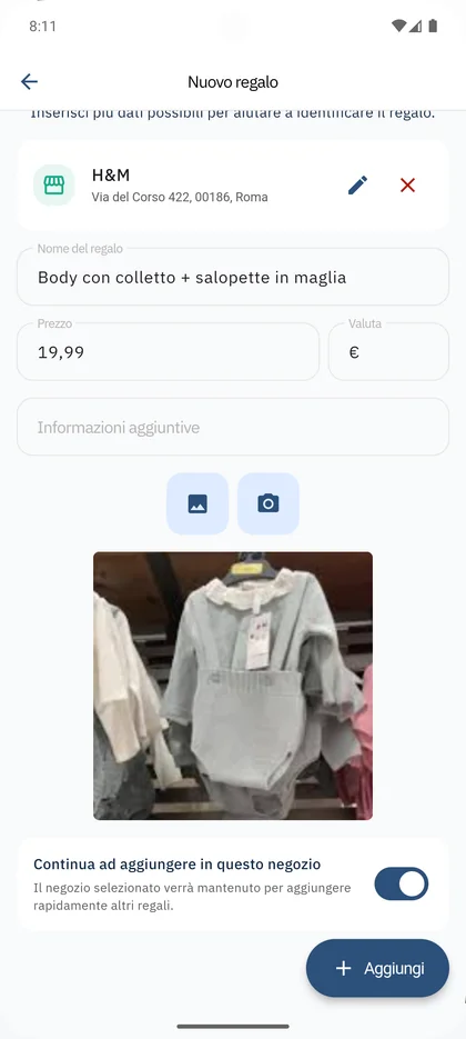 App SmileBaby - Continua ad aggiungere regali in negozio fisico