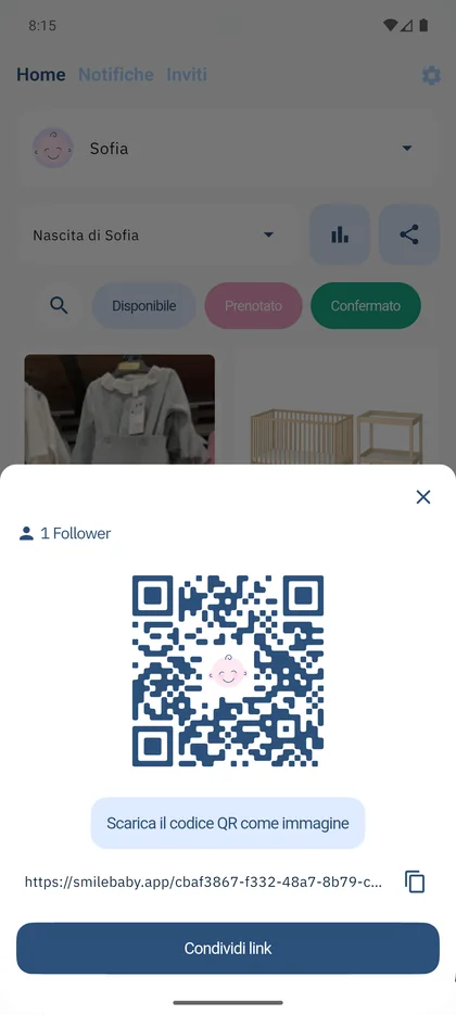 App SmileBaby - Condividi lista con codice QR o link