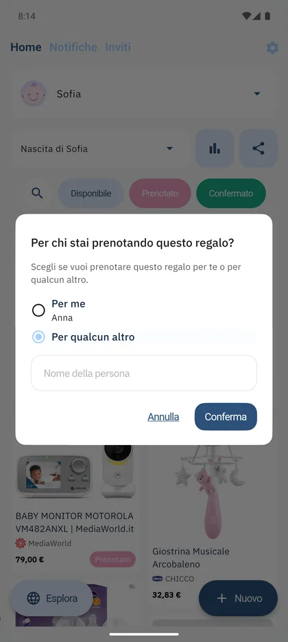 App SmileBaby - Prenota regalo per conto di un familiare