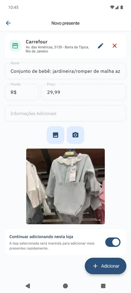 App SmileBaby - Adicionar presente em loja física