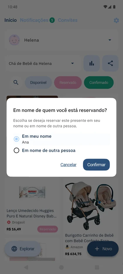 App SmileBaby - Reservar presente em nome de um familiar