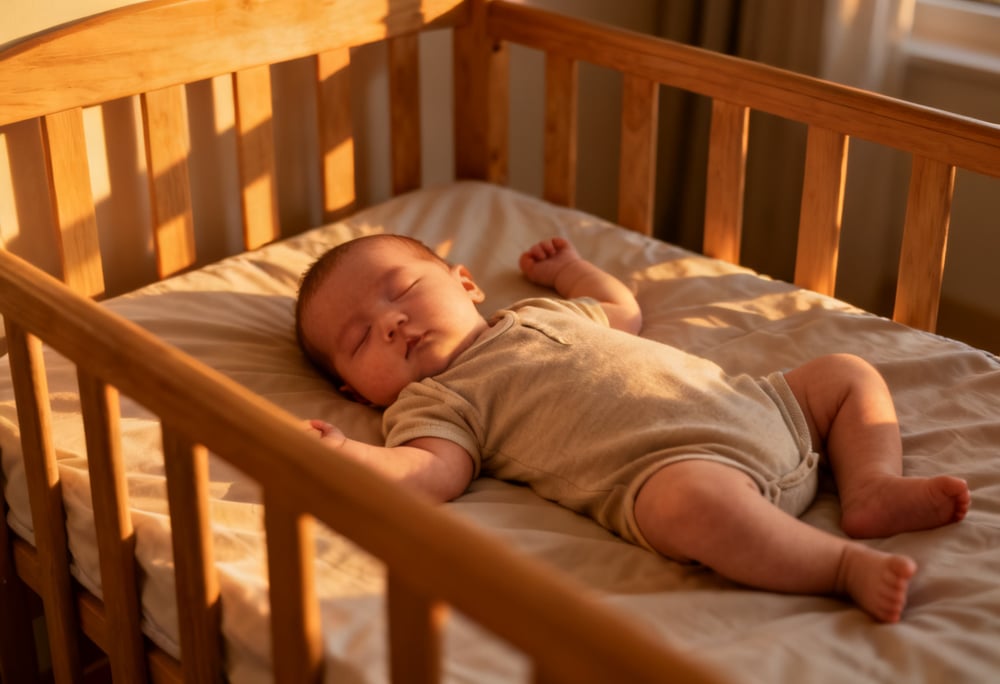 Bebé durmiendo boca arriba en una cuna con superficie firme, sin objetos blandos.