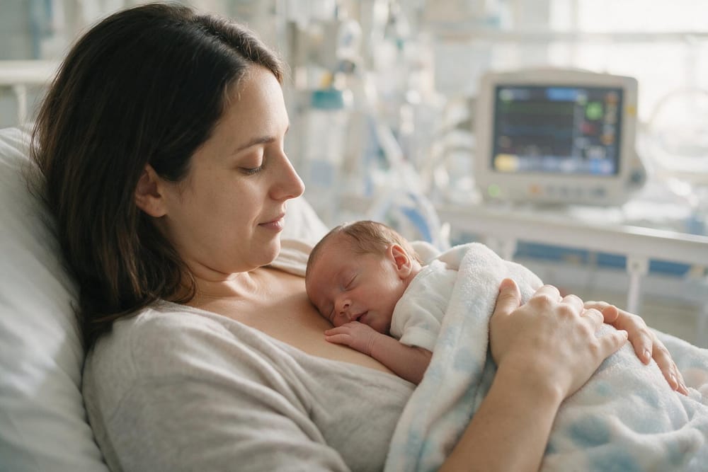 Le mani di una madre accarezzano il suo neonato prematuro in un'incubatrice dell'unità neonatale.