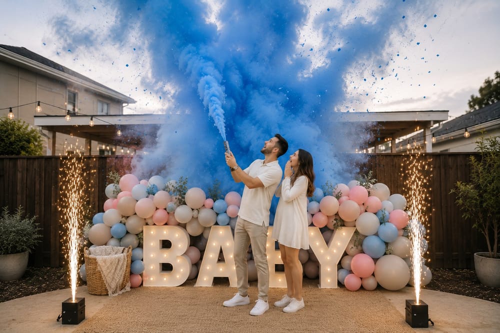 Couple célébrant une révélation du sexe avec de la fumée bleue, des ballons et des lettres lumineuses BABY en extérieur