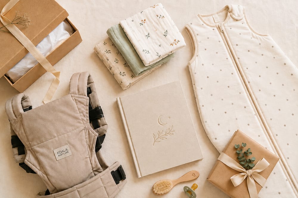 Auswahl nützlicher Geschenke für eine Familie mit Neugeborenem