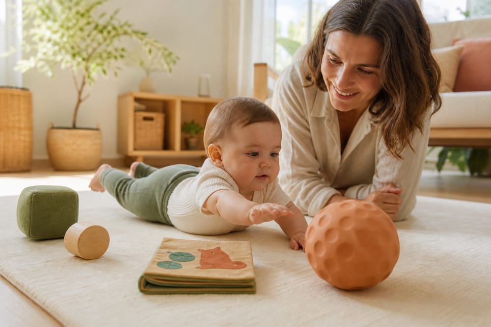 Pessoa adulta a brincar no chão com um bebé acordado que tenta alcançar uma bola sensorial